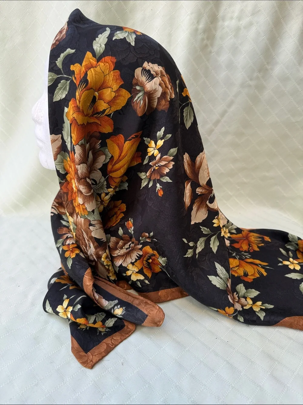 Vintage Floral Black and Orange Silk Scarf